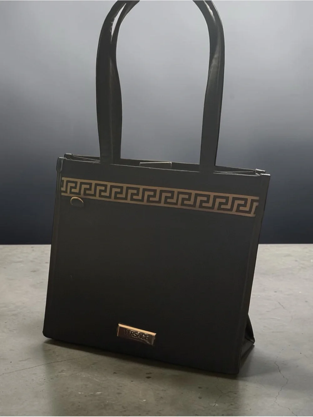 Versace Black Tote with Gold Greek Key Accent